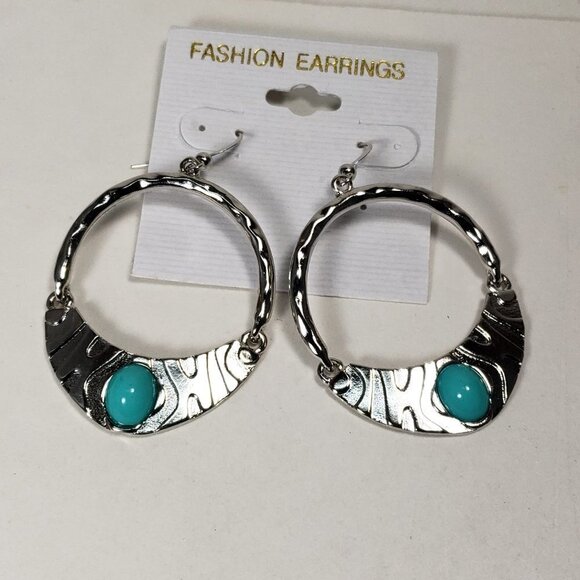 Textured Silver-Tone Hoop Drop Earrings w/ Turquoise Stone – Boho Dangle Jewelry - Picture 3 of 7